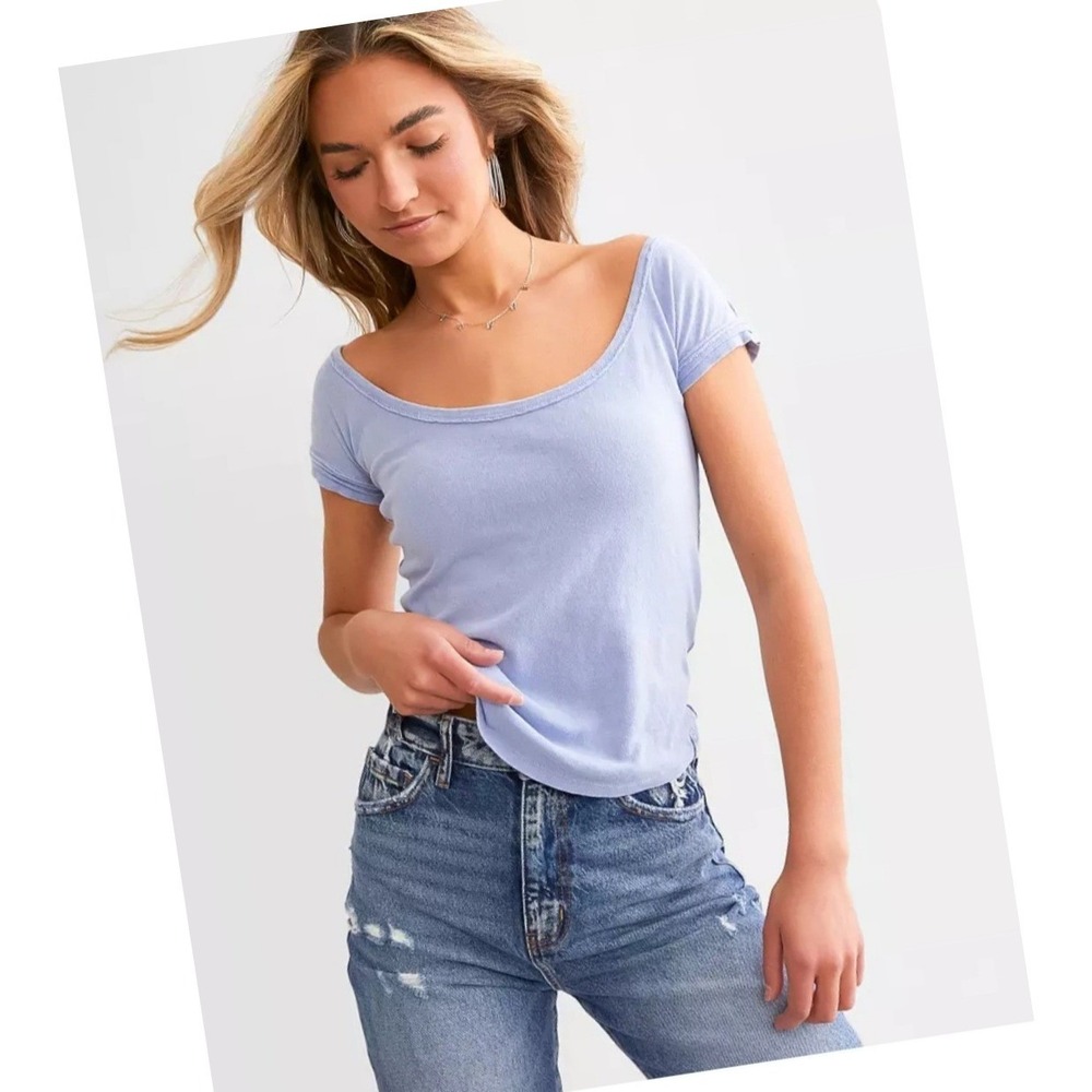 We The Free Light Baby Blue Cotton Off the shoulder Boat Coastal Tshirt sz M